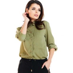 Khaki Klasyczna Koszula Zapinana na Złote Guziki. Brązowe koszule damskie Molly.pl, do pracy, s, bez wzorów, klasyczne, z klasycznym kołnierzykiem, z długim rękawem. Za 129,90 zł.