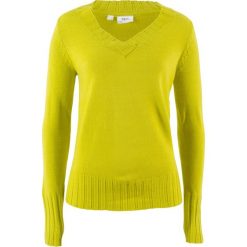 Sweter z dekoltem w serek bonprix pistacjowy. Zielone swetry damskie marki bonprix, bez wzorów, bez rękawów, bez kaptura. Za 37,99 zł.