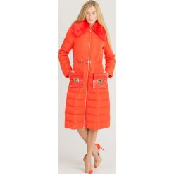 PŁASZCZ ELISABETTA FRANCHI. Pomarańczowe kurtki damskie Elisabetta Franchi, w paski, ze skóry ekologicznej, bez kaptura. Za 3529,00 zł.