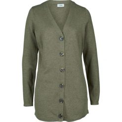 Sweter rozpinany przyjazny dla środowiska, z lnu z poliestrem z recyklingu bonprix oliwkowo-szarobrązowy. Zielone swetry damskie bonprix, s, bez wzorów, z poliesteru, retro, bez rękawów, bez kaptura. Za 99,99 zł.
