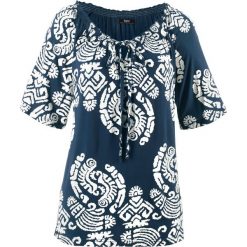 Tunika shirtowa, krótki rękaw bonprix ciemnoniebieski. Niebieskie tuniki damskie bonprix, bez wzorów, bez kołnierzyka, z krótkim rękawem. Za 54,99 zł.