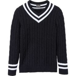 Sweter z dekoltem w serek i wzorem w warkocze bonprix czarno-biały. Czarne swetry klasyczne męskie marki bonprix, s, z bawełny, z dekoltem w serek. Za 89,99 zł.