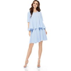Elegancki Rozkloszowany Błękitny Komplet Wizytowy - Bluzka i Spódnica. Niebieskie bluzki damskie marki Molly.pl, s, bez wzorów, eleganckie, krótkie, mini, rozkloszowane. Za 158,90 zł.