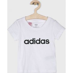 Adidas Performance - Top dziecięcy 110-170 cm. Białe bluzki dziewczęce adidas Performance, z nadrukiem, z bawełny, z okrągłym kołnierzem, z krótkim rękawem, krótkie, bez kaptura. Za 59,90 zł.