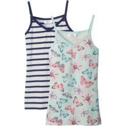 Top (2 szt.) bonprix niebiesko-biel wełny w paski + pastelowy miętowy z nadrukiem. Niebieskie bluzki dziewczęce bonprix, w paski, z wełny. Za 39,98 zł.