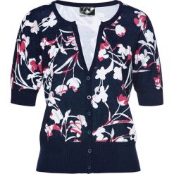 Sweter rozpinany bonprix ciemnoniebiesko-różowy z nadrukiem. Niebieskie swetry damskie bonprix, z nadrukiem, bez rękawów, bez kaptura. Za 69,99 zł.