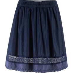 Spódnica dżinsowa z gumką i koronką bonprix ciemnoniebieski. Niebieskie spódniczki damskie bonprix, w koronkowe wzory, z koronki. Za 89,99 zł.
