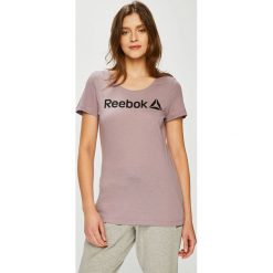 Reebok - Top. Fioletowe topy damskie Reebok, s, z nadrukiem, z bawełny, z okrągłym kołnierzem. W wyprzedaży za 49,90 zł.