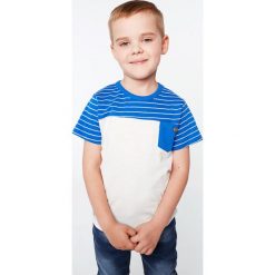 T-shirt chłopięcy niebiesko-kremowy NDZ4492. Niebieskie t-shirty chłopięce marki Fasardi, bez wzorów, bez rękawów. Za 39,00 zł.