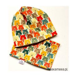 KOMPLET _ CZAPKA BEANIE + KOMIN w MISIE. Białe czapeczki niemowlęce Pakamera, w kolorowe wzory, z dresówki. Za 75,00 zł.