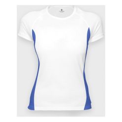 Koszulka damska sportowa (bez nadruku, gładka) biało-niebieska. Niebieskie bluzki sportowe damskie MegaKoszulki, m, z nadrukiem, bez kołnierzyka, bez rękawów, bez kaptura. Za 34,90 zł.