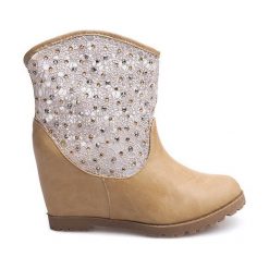 Brązowe Ażurowe botki na koturnie 7010 -16 Khaki. Pomarańczowe botki damskie ButyModne, z materiału, bez obcasa, na obcasie, bez zapięcia. Za 66,00 zł.