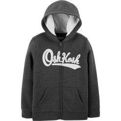 Bluza w kolorze antracytowym. Szare bluzy chłopięce rozpinane OshKosh, z aplikacjami. Za 72,95 zł.