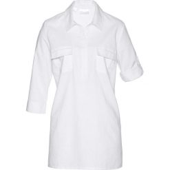 Bluzka tunikowa z domieszką lnu bonprix biały. Białe koszulki damskie bonprix, na co dzień, bez wzorów, bez kołnierzyka, z krótkim rękawem. Za 84,99 zł.