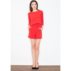 Czerwony Stylowy i Modny Kombinezon na Lato. Czerwone spodnie damskie Molly.pl, na lato, s, z haftami, z dzianiny, eleganckie, z okrągłym kołnierzem, z krótkim rękawem, krótkie. Za 124,90 zł.