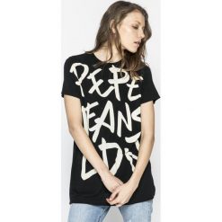 Pepe Jeans - Top Marina. Czarne bluzki damskie Pepe Jeans, s, z nadrukiem, z elastanu, z okrągłym kołnierzem. W wyprzedaży za 89,90 zł.