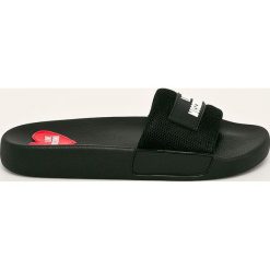 Love Moschino - Klapki. Czarne klapki damskie Love Moschino, bez wzorów, z materiału, bez obcasa, na obcasie. Za 419,90 zł.
