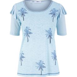 T-shirt z wypalanym wzorem i falbanami bonprix pudrowy niebieski z nadrukiem. Niebieskie koszulki damskie bonprix, z nadrukiem, bez kołnierzyka. Za 54,99 zł.