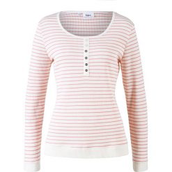 Shirt w paski z długim rękawem i plisą guzikową bonprix dymny różowy - biel wełny w paski. Różowe t-shirty damskie bonprix, w paski, z wełny, bez kołnierzyka. Za 74,99 zł.