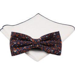 Granatowa Mucha z Białą Poszetką -CHATTIER- Męska, w Pomarańczowe Kwiatki MUCH0492. Pomarańczowe muszki męskie Chattier, w paski, eleganckie. Za 44,00 zł.
