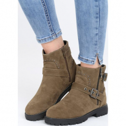 Khaki Botki Rambling. Brązowe botki damskie lity marki Born2be, na jesień, z materiału, z okrągłym noskiem, na zamek. Za 99,99 zł.