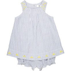 Komplecik niemowlęcy sukienka + spodenki w paski 0 miesięcy - 3 latka. Niebieskie spodenki dziewczęce marki La Redoute Collections, w paski, z bawełny. Za 102,86 zł.