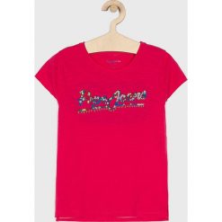 Pepe Jeans - Top dziecięcy 128-178/180 cm. Czerwone bluzki dziewczęce Pepe Jeans, z aplikacjami, z bawełny, z okrągłym kołnierzem, z krótkim rękawem, krótkie, bez kaptura. W wyprzedaży za 99,90 zł.