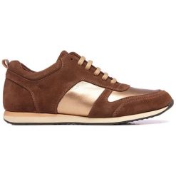 Skórzane sneakersy w kolorze brązowo-złotym. Żółte sneakersy damskie Eva Lopez, Maria Barcelo, Castellanismos, ze skóry. W wyprzedaży za 269,95 zł.