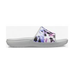 Crocs Classic Tie-Dye Mania Slide Crocs Szary. Szare klapki damskie Crocs, w paski, z tkaniny, bez obcasa. Za 102,95 zł.