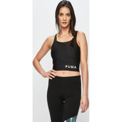 Puma - Top sportowy. Czarne topy damskie Puma, s, z nadrukiem, z elastanu, z dekoltem karo. W wyprzedaży za 139,90 zł.
