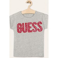 Guess Jeans - T-shirt dziecięcy 118-175 cm. Białe bluzki dziewczęce Guess Jeans, z aplikacjami, z elastanu, z okrągłym kołnierzem, z krótkim rękawem, krótkie, bez kaptura. Za 139,90 zł.