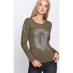Ciemnozielona Bluzka Never Thought. Szare bluzki damskie marki Born2be, s, z aplikacjami, z okrągłym kołnierzem, z długim rękawem. Za 29,99 zł.