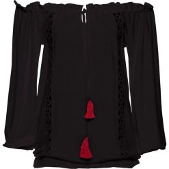 Shirt z dekoltem carmen i sznurowaniem bonprix czarny. Czarne koszulki damskie marki bonprix, bez wzorów, z dekoltem w serek. Za 99,99 zł.