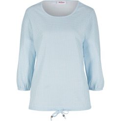 Tunika shirtowa z nadrukiem, rękawy 3/4 bonprix niebiesko-biały. Niebieskie tuniki damskie bonprix, z nadrukiem, z elastanu, bez kołnierzyka, bez rękawów. Za 59,99 zł.