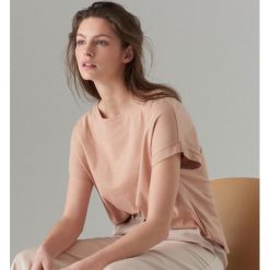 Bawełniana koszulka oversize - Beżowy. Brązowe koszulki damskie marki Mohito, s, bez wzorów, bez kołnierzyka. Za 39,99 zł.