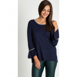 Granatowy sweter z rozkloszowanymi rękawami QUIOSQUE. Niebieskie bez kategorii QUIOSQUE, s, z kontrastowym kołnierzykiem. W wyprzedaży za 59,99 zł.
