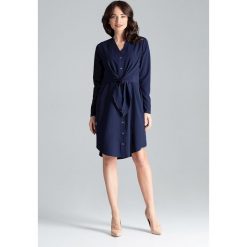 Sukienka koszulowa z paskiem granatowa - xl. Sukienki damskie e-margeritka.pl, xl, bez wzorów, z elastanu, eleganckie, z długim rękawem, długie, bez kaptura. Za 189,99 zł.