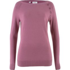 Sweter z plisą guzikową bonprix matowy jeżynowy. Fioletowe swetry damskie bonprix, bez wzorów, z dzianiny, bez rękawów, bez kaptura. Za 74,99 zł.