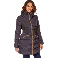 Kurtka zimowa w kolorze granatowym. Niebieskie kurtki damskie pikowane marki Snowie Collection, na zimę, s, w paski, z tkaniny. W wyprzedaży za 227,95 zł.