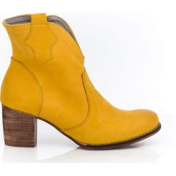 Botki na słupku kowbojki - skóra naturalna - model 503 - kolor żóły. Szare botki damskie Zapato, na wiosnę, z jeansu, eleganckie, z okrągłym noskiem, bez obcasa, na obcasie, bez zapięcia. Za 399,00 zł.