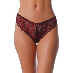 Stringi "Mirella" w kolorze czarno-czerwonym. Czerwone stringi damskie Audace, l, w koronkowe wzory, z koronki. W wyprzedaży za 22,95 zł.