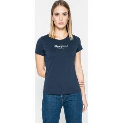 Pepe Jeans - Top New Virginia. Szare topy damskie Pepe Jeans, l, z nadrukiem, z bawełny, z okrągłym kołnierzem. W wyprzedaży za 84,90 zł.