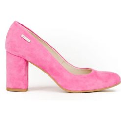 Zamszowe czółenka na słupku - skóra naturalna - model 042 - kolor różowy nubuk. Różowe czółenka damskie Zapato, w kolorowe wzory, z jeansu, z okrągłym noskiem. W wyprzedaży za 224,25 zł.