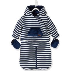 Kombinezon zimowy 2in1 w kolorze granatowo-białym. Niebieskie kombinezony niemowlęce Vertbaudet Girls, na zimę, w paski, bez rękawów, bez kaptura. W wyprzedaży za 82,95 zł.