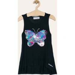 Desigual - Top dziecięcy 104-164 cm. Niebieskie bluzki dziewczęce Desigual, z aplikacjami, z wiskozy, z okrągłym kołnierzem, bez rękawów, bez kaptura. Za 149,90 zł.