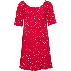 Sukienka shirtowa z dekoltem "carmen" bonprix czerwono-biały w kropki. Czerwone sukienki damskie bonprix, bez wzorów, bez kołnierzyka, bez rękawów. Za 59,99 zł.