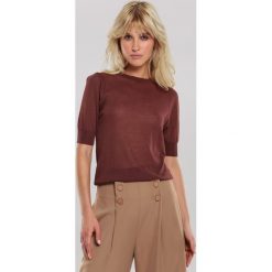 Brązowa Bluzka Zaria. Pomarańczowe bluzki damskie Renee, s, bez wzorów, z materiału, z okrągłym kołnierzem, z krótkim rękawem. Za 69,99 zł.