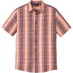 Koszula z krótkim rękawem, materiał z lnem bonprix niebiesko-czerwony w kratę. Fioletowe koszule męskie bonprix, xl, bez wzorów, z materiału, bez kołnierzyka, z krótkim rękawem. Za 99,99 zł.