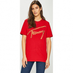 Tommy Jeans - Top. Czerwone topy damskie marki Tommy Jeans, s, z nadrukiem, z bawełny, z okrągłym kołnierzem. Za 179,90 zł.