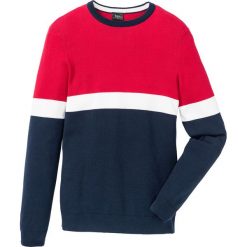 Sweter z okrągłym dekoltem bonprix ciemnoniebiesko-czerwony. Niebieskie swetry męskie bonprix, s, bez wzorów, z okrągłym kołnierzem, bez kaptura. Za 74,99 zł.